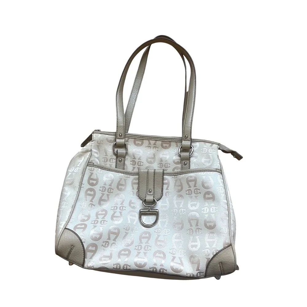 Etienne Aigner Beige Monogram Jacquard Shoulder Bag Purse Silver Hardware Summer